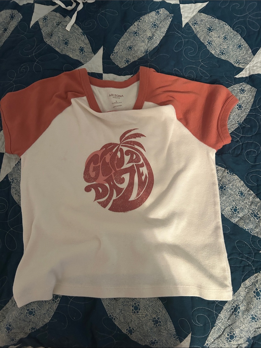 Arizona Jean Company White and Orange 'Good Day' Graphic Raglan Tee